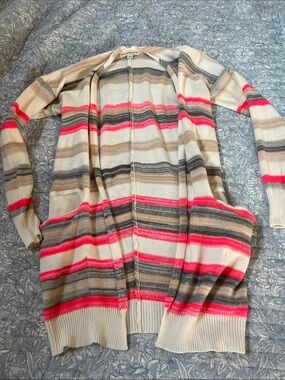 Poof Excellence Striped Open-Front Cardigan in Cream, Gray & Pink beachy s